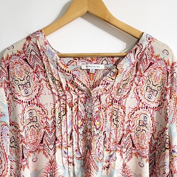 Rose & Olive Womens V-Neck Peasant Sleeve Top Size 2X Multicolor Paisley Boho - Picture 3 of 10
